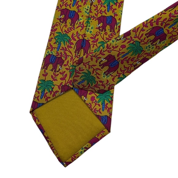 HERMÈS 7183 UA Mustard Elephant Palm Floral Silk LUXURY Tie FRANCE - Picture 5 of 5